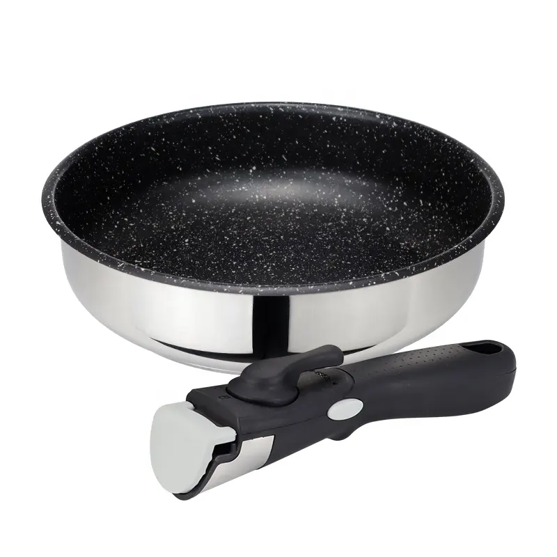Alat masak anti lengket desain baru panci penggorengan penggorengan lapisan hitam baja tahan karat dengan pegangan lepas