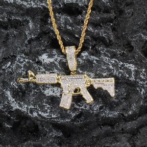 Collier pendentif mitrailleuse, chaîne superposée Hip Hop pour homme, bijoux en cuivre incrustés de CZ, style Iced Out - Product Image 5