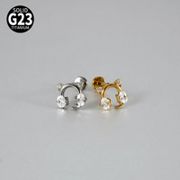 Piercing d'oreille tendance en alliage de titane F136 G23, motif oreilles de chat, zircon incrusté, barre plate à filetage interne