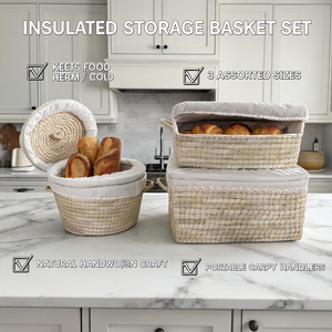 Panier de rangement en paille tressé à la main CT avec couvercle, conteneur alimentaire isotherme, boîte de rangement <span class=keywords><strong>pour</strong></span> aliments <span class=keywords><strong>pour</strong></span> animaux de compagnie en herbe naturelle écologique, décoration intérieure - Product Image 1