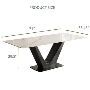 Bàn ăn hiện đại hình chữ nhật 71 inch dành cho 6 người, mặt bàn đá sintered trắng bóng, chân kim loại, dùng cho nhà ở & nhà hàng - Product Image 6
