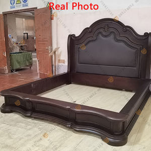 Lit Double Art du Cuir Style Américain Deluxe en <span class=keywords><strong>Bois</strong></span> Massif, Lit Vintage Français Simple Campagnard 1.8m, Meuble de <span class=keywords><strong>Chambre</strong></span> à Coucher Principale - Product Image 2