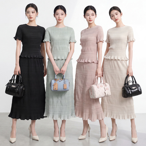 Korean Women's Short Sleeve Pleated Long <b>Dress</b> Set With <b>Ruffles</b> O-Neck Elegant Spring Summer Solid Color Breathable Regular Fit - Product Image 6