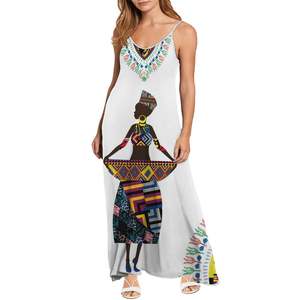 Sublimación personalizada Poliéster <span class=keywords><strong>Afro</strong></span> American Beach Sun Vestidos Mujeres Casual Loose Chiffon Casual Slip V Neck Vestidos <span class=keywords><strong>de</strong></span> noche Blanco - Product Image 1