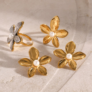 Floral Pearl <b>Stud</b> <b>Earrings</b> Gold Plated Stainless Steel Everyday Wear Women's Jewelry - Product Image 2