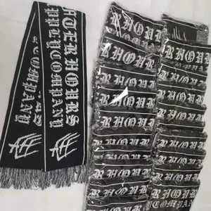 Custom knitted logo big wide size black acrylic jacquard scarf with white mix tassels