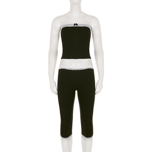 Conjunto de Dos Piezas de Ropa Urbana Sexy para Mujer, Top Bandeau con Lazo de Encaje y Parches, y Pantalones Cortos Estilo Biker - Product Image 6