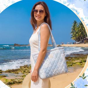 Borsa tote trapuntata floreale di grande capacità, borsa patchwork da donna con tasca con cerniera, borsa leggera per università, shopping e scuola - Product Image 5