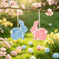 Ornement suspendu en bois de lapin de Pâques, peint à la main, avec queue à pompons et nœud en satin, décoration de printemps pour arbre de Pâques, cadeau, 2 couleurs