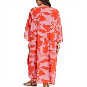 Vestido Abaya Maxi para Mujer, Estampado Floral, Poliéster Ligero, Cuello Redondo, Corte Holgado, Manga Tres Cuartos, Estilo Veraniego para Playa - Product Image 1