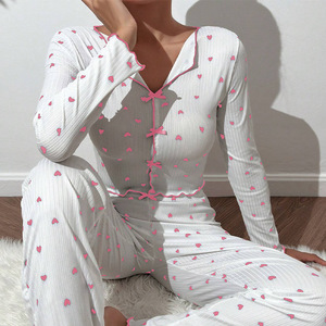 2026 Dames Pyjama Set Sexy Kant V-hals Strik Nachtkleding Hart Print Lange Mouwen & Broek Nachtkleding Loungewear Outfit - Product Image 1