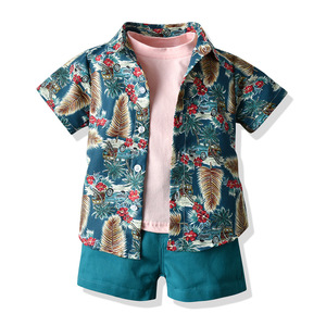 Ensemble de vêtements pour garçons d'été, chemise à manches courtes à imprimé floral, t-shirt, shorts, ensemble trois pièces pour garçons - Product Image 4