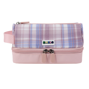 Trousse à crayons personnalisée à carreaux avec base rose et patch souriant |   Sac de papeterie multifonctionnel pour l'école et le bureau - Product Image 1