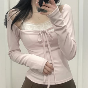 French Girl Layered Long Sleeve Tee <b>Off</b> <b>Shoulder</b> <b>Lace</b> Patchwork Slim Fit Women Vintage Chic <b>Top</b> - Product Image 5