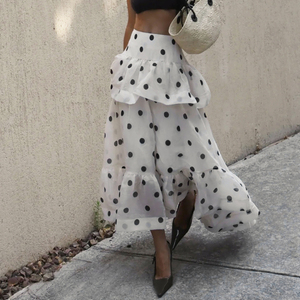 French Street Vacation Polka Dot Color Block Ruffle Asymmetrical <b>Skirt</b> Elegant Instagram Style Retro Relaxed Tiered Midi <b>Skirt</b> - Product Image 1