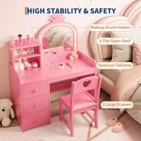 Coiffeuse en bois de luxe pour enfants avec tiroirs de rangement, table de maquillage éclairée pour enfants avec miroir et chaise pour chambre à coucher