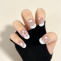 Faux ongles à presser en gel souple, carrés moyens, rose nude à pois, style French, peints à la main avec motif floral rose, réutilisables, 10 pièces
