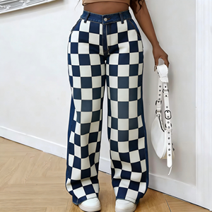 Jeans amples taille haute pour femmes, motif vintage à carreaux, <span class=keywords><strong>pantalon</strong></span> en denim décontracté style streetwear, vente en gros - Product Image 3