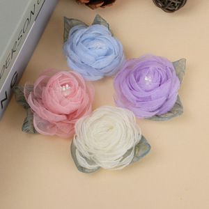 Flores 3D con Detalles de Malla y Hojas de 5.5cm, Tejidas a Mano, Accesorios para el Cabello, Decoraciones para Ropa - Product Image 4