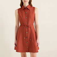 Robe midi décontractée évasée en terracotta sans manches avec col chemise, boutons sur le devant et ceinture à nouer, personnalisable pour femme, vente en gros