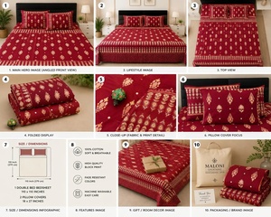 Red Floral Cotton Bedsheet King Size Bed Sheet Set Soft Cotton Bedding <b>Flat</b> Sheet with 2 <b>Pillow</b> Covers Bedroom Decor - Product Image 6