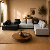 Canapé modulaire en forme de L moderne et écologique avec chaise longue en cuir véritable, sièges en tissu gris garnis d'éponge pour appartement et hôtel