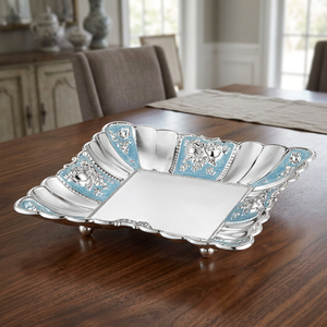 Elegant Polished Metal <b>Serving</b> <b>Tray</b> With Floral Pattern Blue Accents Residential Use - Product Image 2