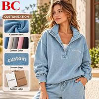 Sweat-shirt en jean délavé pour femme, col montant boutonné, coupe ample, doux et confortable, style streetwear décontracté pour le quotidien