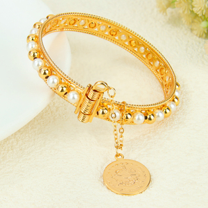 Dubai Fashion Women's Pearl <b>Bangle</b> Bracelet 21k Gold Plated Elegant Gold Beads Open <b>Bangles</b> with Coin Pendant - Product Image 1
