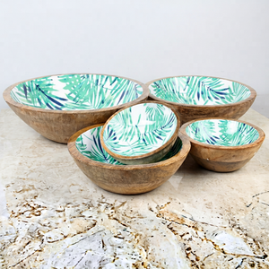 Ensemble de bols en bois émaillé faits à la main, design feuille tropicale, ensemble de bols à salade, ensemble de bols à fruits en bois - Product Image 1