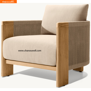 Fauteuil de salon moderne en teck de qualité supérieure, dossier en forme de baril, détails tressés en corde, résistant aux intempéries, ensemble d'extérieur pour cour - Product Image 3