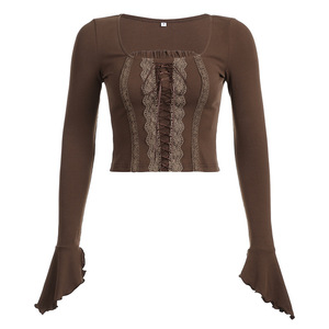 T-shirt da <span class=keywords><strong>donna</strong></span> alla moda con lacci marroni da <span class=keywords><strong>donna</strong></span> con camicette a maniche lunghe - Product Image 3