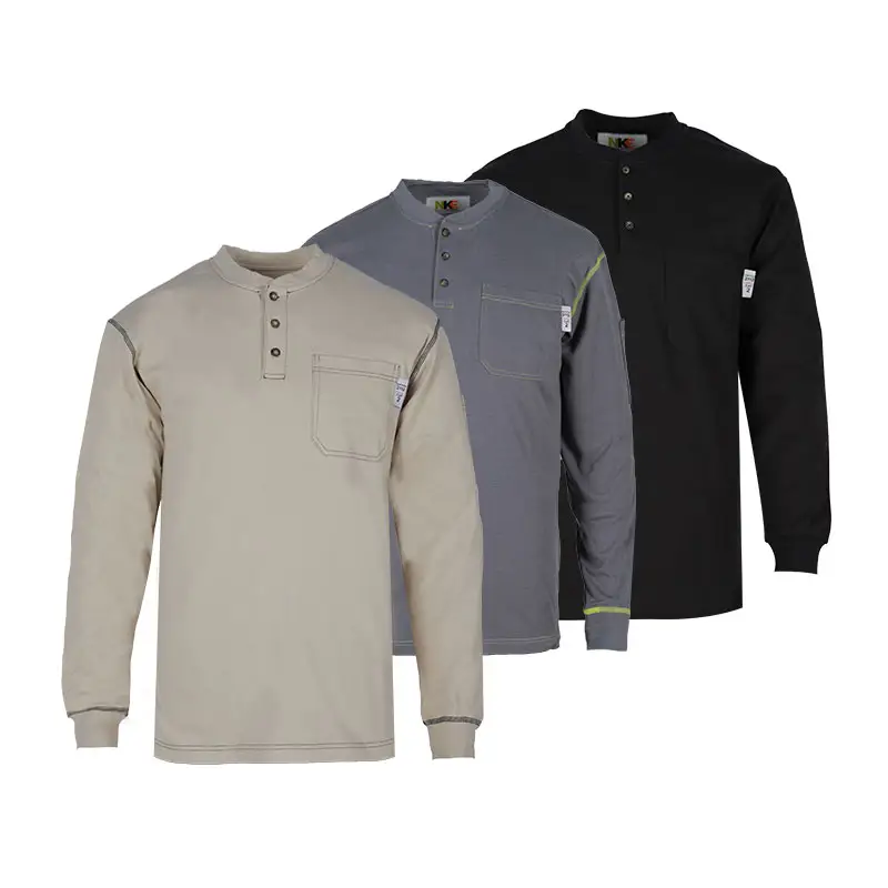Camisas FR resistentes al fuego, camisa 100% de algodón, peso ligero, CAT2, Henley