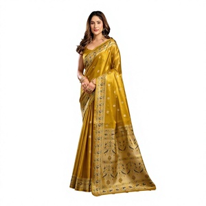 Women's <b>Golden</b> Silk Floor-Length Traditional <b>Saree</b> With Embroidered Border India Pakistan Style Wedding Wear - Product Image 1