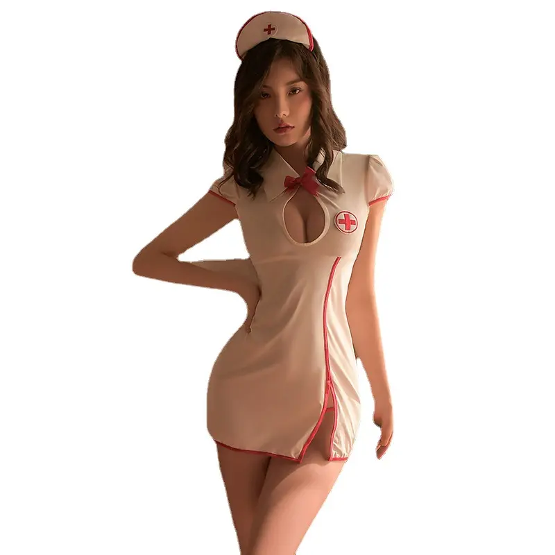 Venda quente diversão lingerie sexy peito escavado saia hem fenda enfermeira uniforme conjunto