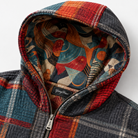 Fabricant de vêtements personnalisés OEM ODM : Sweat à capuche zippé pour homme, motif à carreaux, patchwork, lettres en strass, style streetwear oversize