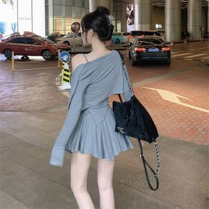 Women's Three Piece Set Beige Solid Color Chiffon Pleated Skirt Casual Suit Full Sleeve Top Outer Camisole Sun Protection - Product Image 5