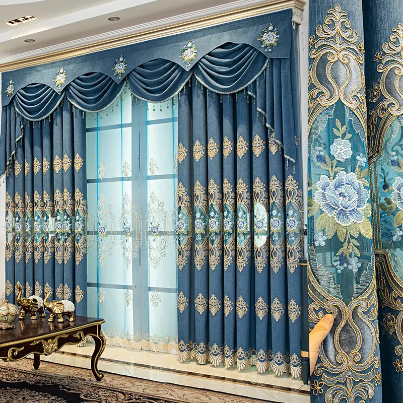 Hot Sale Luxury Embroidery Customized Ready Made Europe Jacquard Blue Brown Window Curtains For The Living Room