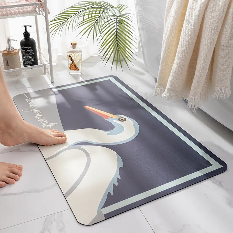 New Printed Non Slip Diatomite Bath Mat Without Suction Cups Custom Design Bathroom Floor Mat