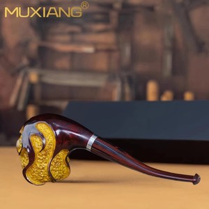 Muxiang Briar Tobacco Pipe Dark Red Engraved Silver Ring Free Form Men's Smoking Pipe - Product Image 4