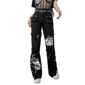 กางเกงยีนส์แฟชั่นเกาหลีสไตล์พังก์ กอธ แกรนจ์ สีดำ มีกระเป๋า ทรงตรง ขาบาน สตรีทแวร์ Y2K ฮิปปี้ ขายส่ง - Product Image 4