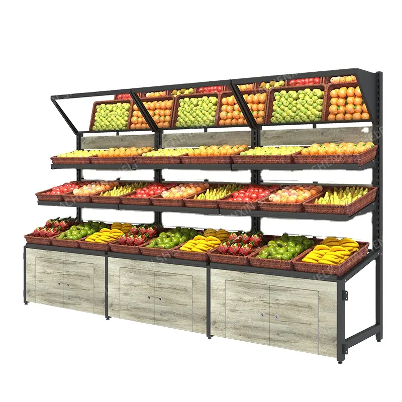 General Store Items Fruit And Vegetable Rack Stainless Steel Metal Wooden Material Vegetable Display Rack Shelf For Fresh Stores