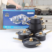 Batterie de Cuisine en Acier Inoxydable Noire – 12 Pièces – Casseroles, Marmites et Poêle