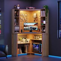 Bureau d'angle simple avec étagères, éclairage LED de lecture, 2 prises CA, port de charge USB Type-C, en bois d'ingénierie