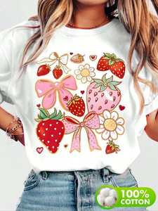 T-shirt Estiva da Donna Glissea Girocollo Stampa Fragole con Fiocco Vestibilità Ampia 100% Cotone Jersey Manica Corta Stile Carino - Product Image 1