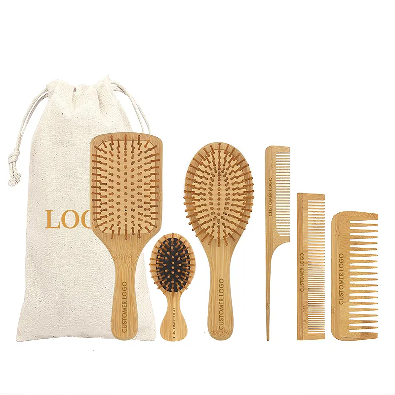 6 In 1 Custom Logo Packing Wide Tooth Comb and Brush Set Natural Bamboo Wood Paddle Detangling Hair Brush Set Manufacturer