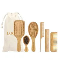 Conjunto de escovas de cabelo 6 em 1, kit personalizado com logotipo, empacotamento, pente e escova, de bambu natural, desembaraçador