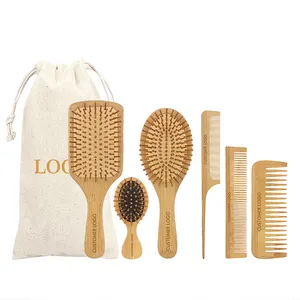 Conjunto de escova de cabelo 6 em 1 com logotipo personalizado, conjunto de escova de cabelo desembaraçadora de madeira de bambu para mulheres