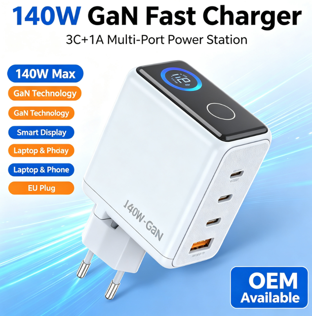 140W GaN Charger 4 PortUSB C PD Fast Charger Digital Display Multi Port USB a Type C Wall Charger EUPlug for Laptop Phone Tablet