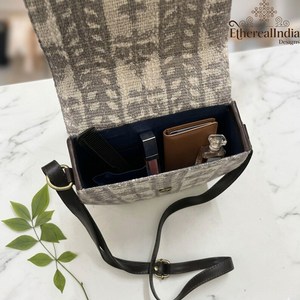 Cotton Rug Crossbody <b>Bag</b> with Leather Strap Hand Block Print Ragzine Cotton Lining <b>Boho</b> Shoulder <b>Bag</b> for Women - Product Image 1